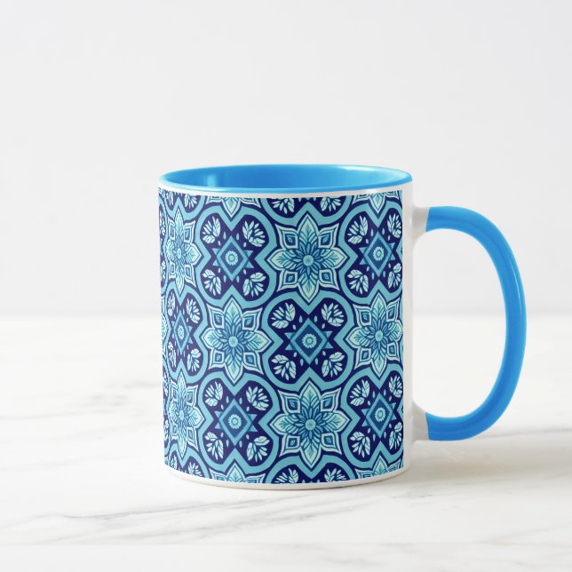 Vintage Blue Geometric Floral Pattern Mug (Right)