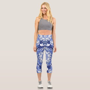 Vintage blue geometric, Indian ornament. Capri Leggings