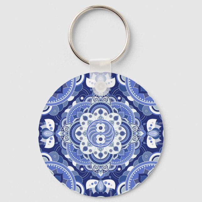 Vintage blue geometric, Indian ornament. Key Ring (Front)