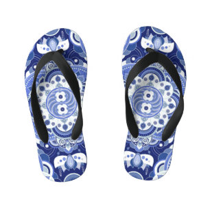 Vintage blue geometric, Indian ornament. Kid's Jandals
