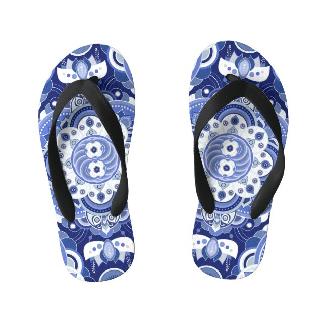 Vintage blue geometric, Indian ornament. Kid's Jandals (Footbed)