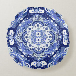 Vintage blue geometric, Indian ornament. Round Cushion