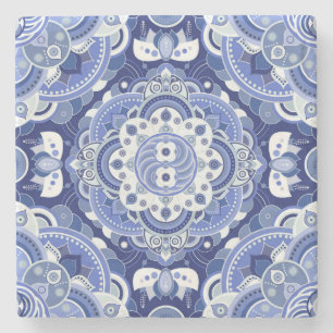 Vintage blue geometric, Indian ornament. Stone Coaster