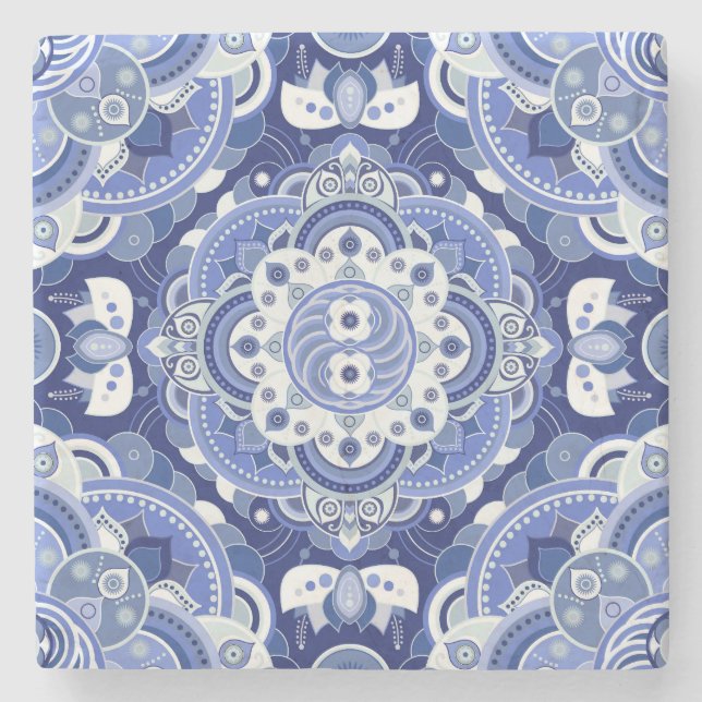 Vintage blue geometric, Indian ornament. Stone Coaster (Front)