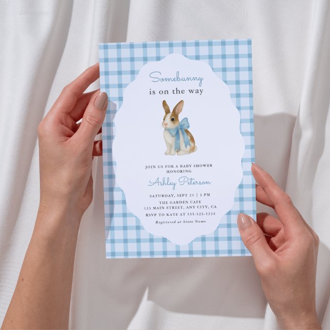 Vintage Blue Gingham Bunny Boy Baby Shower Invitation (Creator Uploaded)