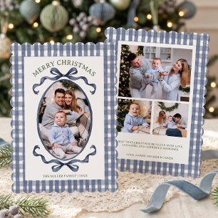 Vintage Blue Gingham Family Four Photo Christmas Holiday Card