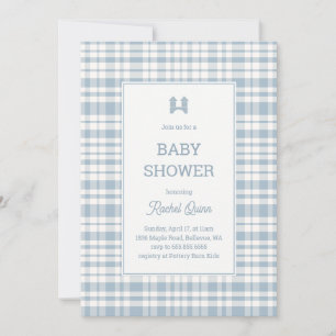 Vintage blue gingham pattern boy baby shower invitation