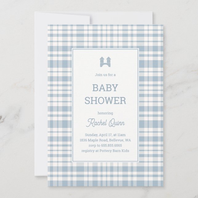 Vintage blue gingham pattern boy baby shower invitation (Front)