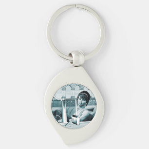 Vintage Blue Glamour Woman Portrait Art Key Ring