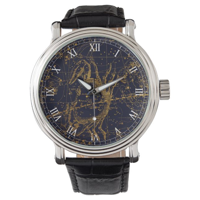 Vintage Blue Gold Cancer Zodiac Constellation Watch (Front)