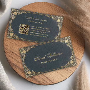 Vintage Blue Gold Elegant Script & QR Code Business Card