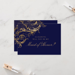 Vintage Blue Gold Floral Damask Maid of Honour Invitation