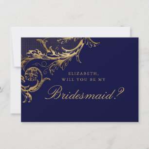 Vintage Blue Gold Floral Damask Script Bridesmaid Invitation