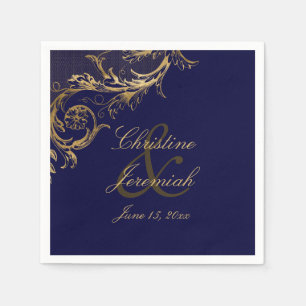 Vintage Blue Gold Floral Damask Script Wedding Napkin