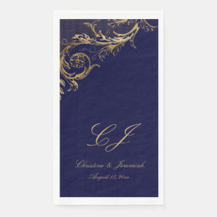 Vintage Blue Gold Floral Damask Script Wedding Napkin