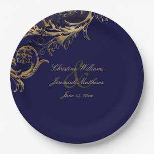 Vintage Blue Gold Floral Damask Script Wedding Paper Plate
