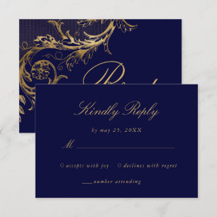 Vintage Blue Gold Floral Damask Script Wedding RSVP Card