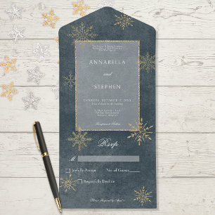 Vintage Blue & Gold Glitter Snowflakes No Dinner All In One Invitation