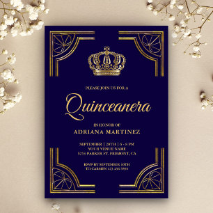 Vintage Blue Gold Ornate Crown Quinceanera Invitation