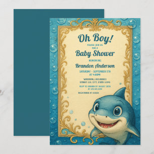 Vintage Blue & Gold Shark Boy Baby Shower Invitation