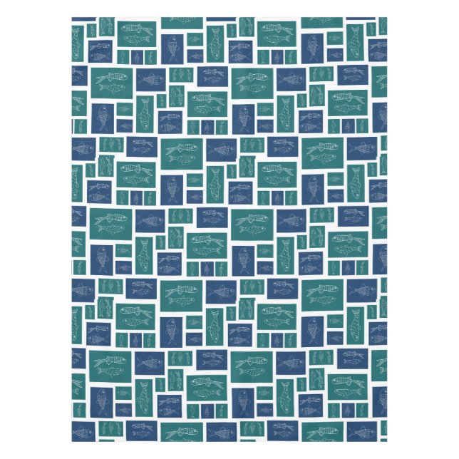 Vintage Blue Green Fish Pattern Tablecloth (Front)