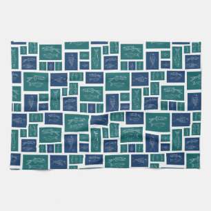 Vintage Blue Green Fish Pattern Tea Towel