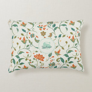 Vintage Blue-Green Leaves & Orange Floral Pattern Decorative Cushion