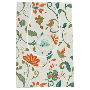 Vintage Blue-Green Leaves & Orange Floral Pattern Medium Gift Bag