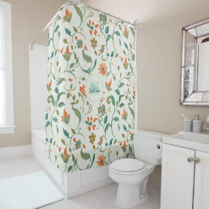 Vintage Blue-Green Leaves & Orange Floral Pattern Shower Curtain