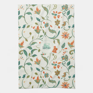 Vintage Blue-Green Leaves & Orange Floral Pattern Tea Towel