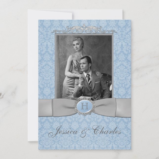 Vintage Blue, Grey Damask Scrolls Photo Wedding Invitation (Front)