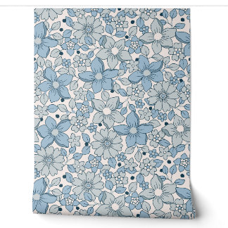 Vintage Blue Groovy Floral Boho Wallpaper