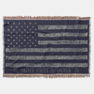 Vintage Blue Grunge American Flag Distressed Text Throw Blanket