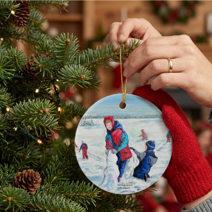 Vintage Blue HOLIDAY  Children winter scene. Ceramic Tree Decoration