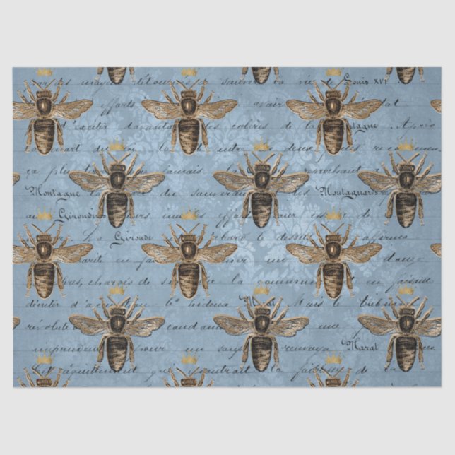 Vintage Blue Honey Bee Decoupage Tissue Paper (Front)