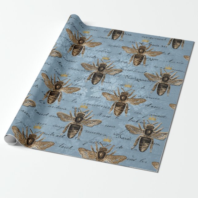 Vintage Blue Honey Bee Wrapping Paper (Unrolled)