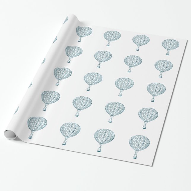 Vintage Blue Hot Air Balloon Wrapping Paper (Unrolled)