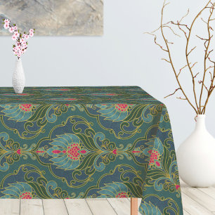 Vintage Blue, Hot pink and Gold Floral Pattern Tablecloth