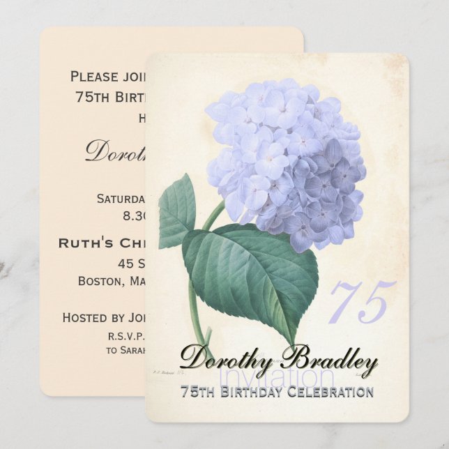 Vintage Blue Hydrangea 75th Birthday Celebration 2 Invitation (Front/Back)