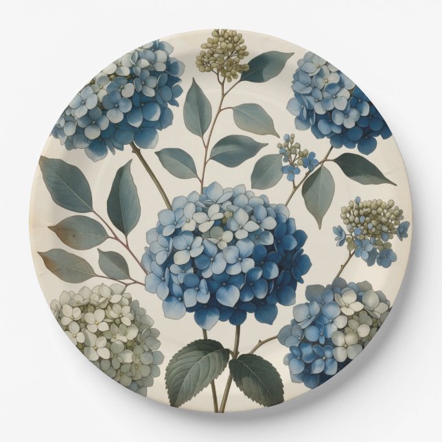 Vintage Blue Hydrangea Botanical Paper Plate (Front)
