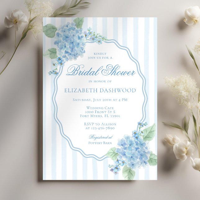 Vintage Blue Hydrangea Flower Stripe Bridal Shower Invitation (Creator Uploaded)