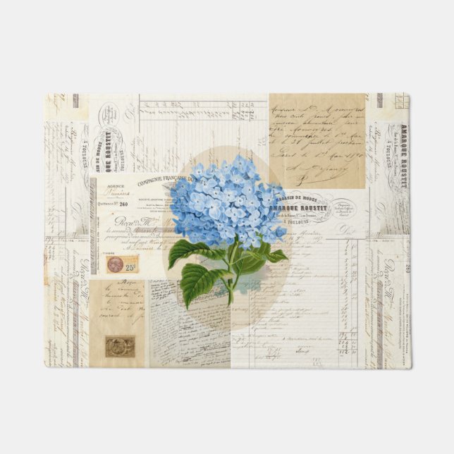 Vintage Blue Hydrangea French Ephemera Doormat (Front)