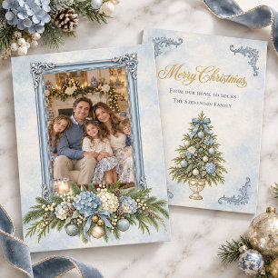Vintage Blue Hydrangea Gold Christmas Photo Holiday Card