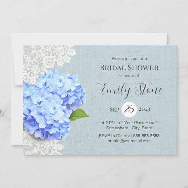 Vintage Blue Hydrangea & Lace Rustic Bridal Shower Invitation (Front)