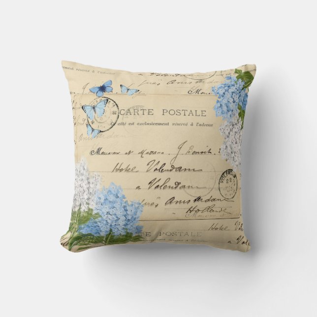 Vintage Blue Hydrangea Paris Postcard Throw Pillow (Front)