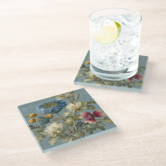 Vintage Blue & Ivory Floral Glass Coaster