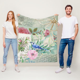 Vintage Blue Jay Bird Pink Rose Floral Collage Fleece Blanket