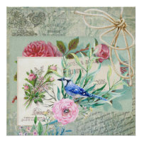 Vintage Blue Jay Bird Pink Rose Floral Collage