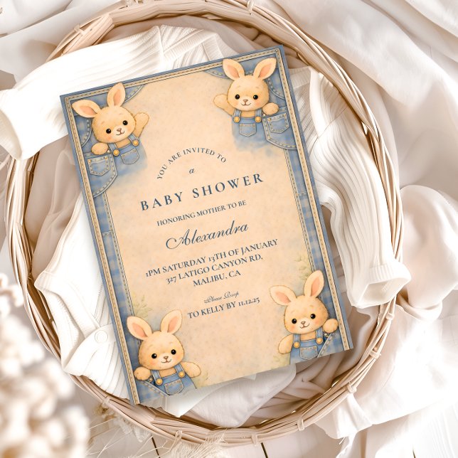 Vintage Blue Jeans Bunny Nursery  Baby Shower Invitation (Creator Uploaded)