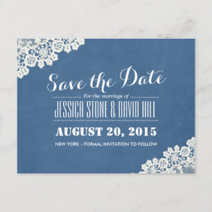 Vintage Blue Lace Corner Wedding Save the Date Announcement Postcard